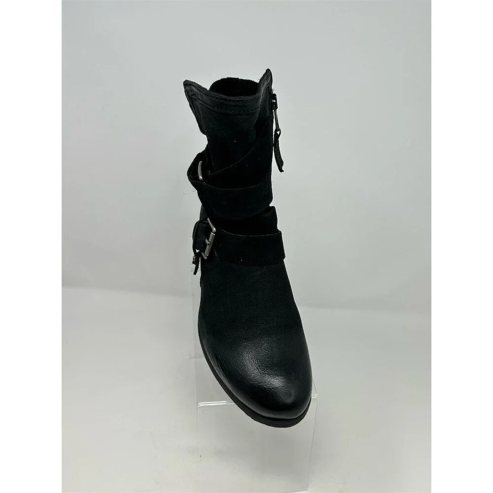 Miz Mooz Shane Womens Ankle Moto Bootie Black Side Zip Buckle Straps Size 39